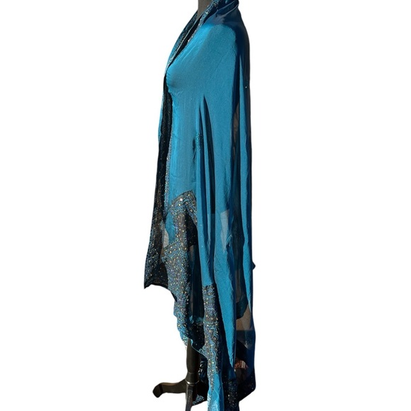 Teal chiffon women’s multi use skirt/shawl. OS W/ black gold ribboned edge - Picture 4 of 5
